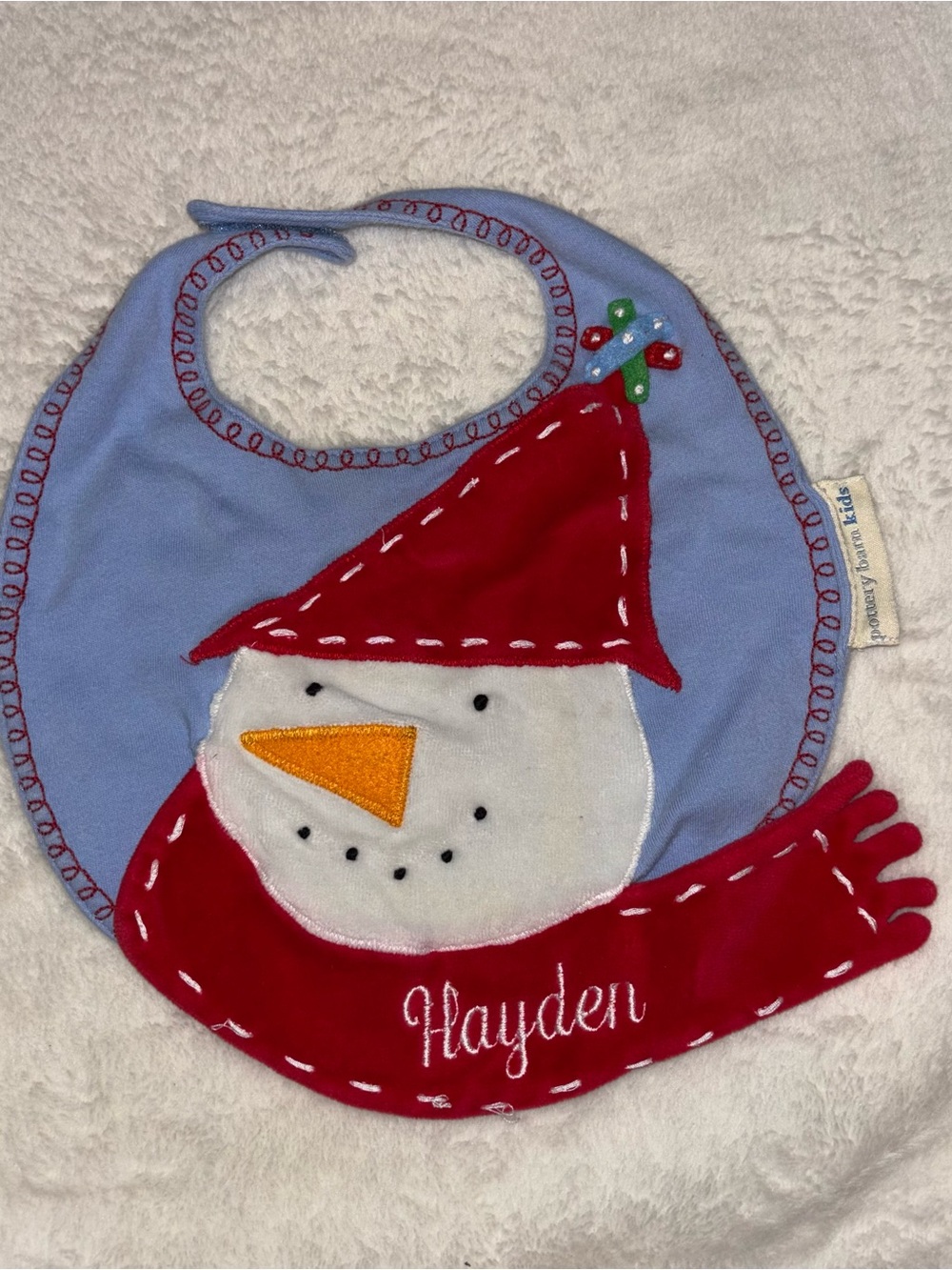 2005 Pottery Barn Kids PBK Christmas Snowman Bib Personalized Hayden Holiday